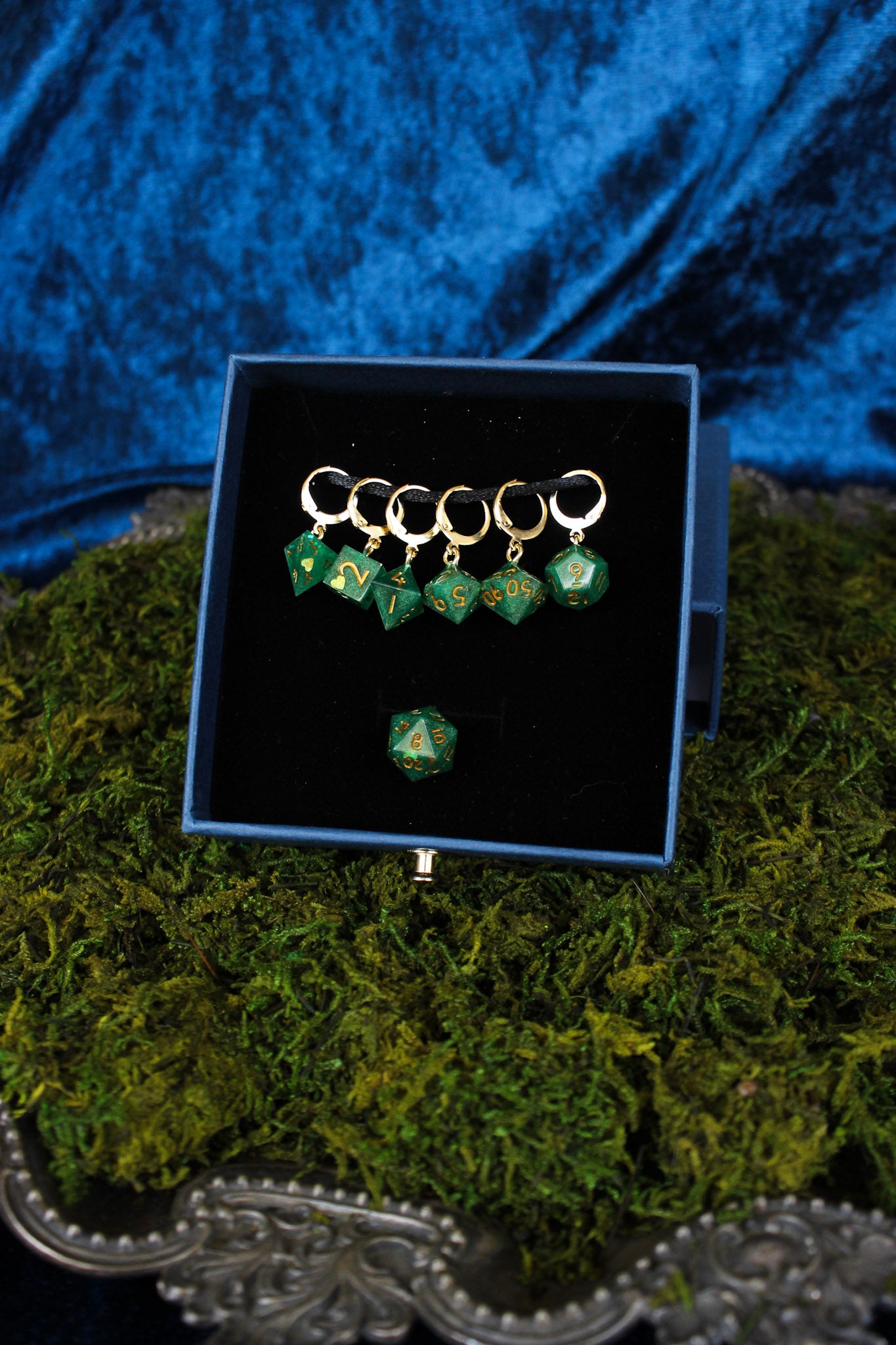 Green of Hearts Dice Stitch Markers 7 Piece Set RPG